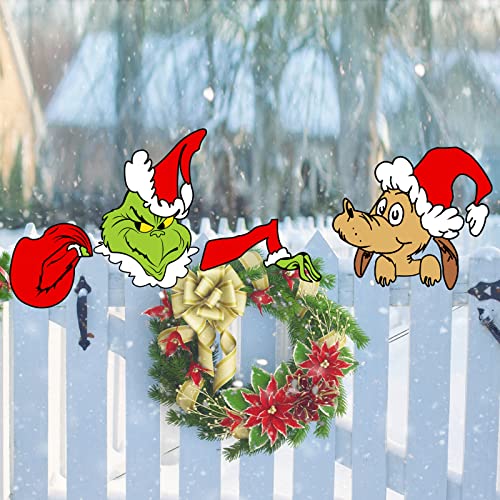 Christmas Decorations Outdoor Fence Peeker - Funny Christmas Fence Yard Signs with Thief Stole Head Arm Bag and Dog for Holiday Xmas Garden Courtyard Wall Decorations