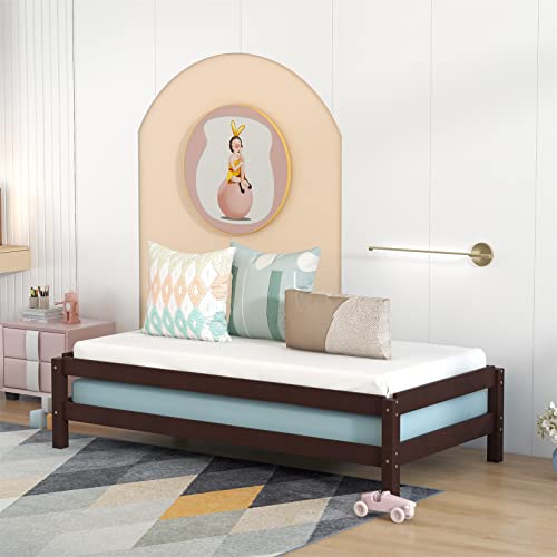 Solid Platform Bed Twin Size Wood Stackable Twin Beds with Wooden Slats Convertible Floorbed Frame Without Headboard for Kids Girls Boys Teens, No Box Spring Needed – Two Beds Set, Walnut