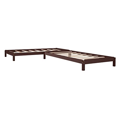 Solid Platform Bed Twin Size Wood Stackable Twin Beds with Wooden Slats Convertible Floorbed Frame Without Headboard for Kids Girls Boys Teens, No Box Spring Needed – Two Beds Set, Walnut