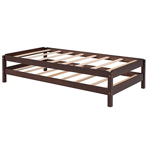 Solid Platform Bed Twin Size Wood Stackable Twin Beds with Wooden Slats Convertible Floorbed Frame Without Headboard for Kids Girls Boys Teens, No Box Spring Needed – Two Beds Set, Walnut