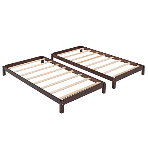 Solid Platform Bed Twin Size Wood Stackable Twin Beds with Wooden Slats Convertible Floorbed Frame Without Headboard for Kids Girls Boys Teens, No Box Spring Needed – Two Beds Set, Walnut