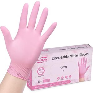 SwiftGrip Pink Nitrile Gloves, 3-mil, Pink Industrial Gloves Disposable Latex Free, Gloves for Cleaning & Esthetician, Pink Rubber Gloves, Pink Cleaning Gloves, Powder-Free, 50-ct Box (Medium)