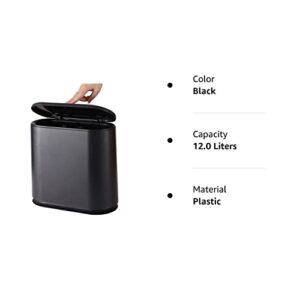 Cq acrylic 12 Liter Rectangular Plastic Trash Can Wastebasket with Press Type Lid,3.17 Gallon Dog Proof Garbage Container Bin for Bathroom,Powder Room,Bedroom,Kitchen,Craft Room,Office,Black