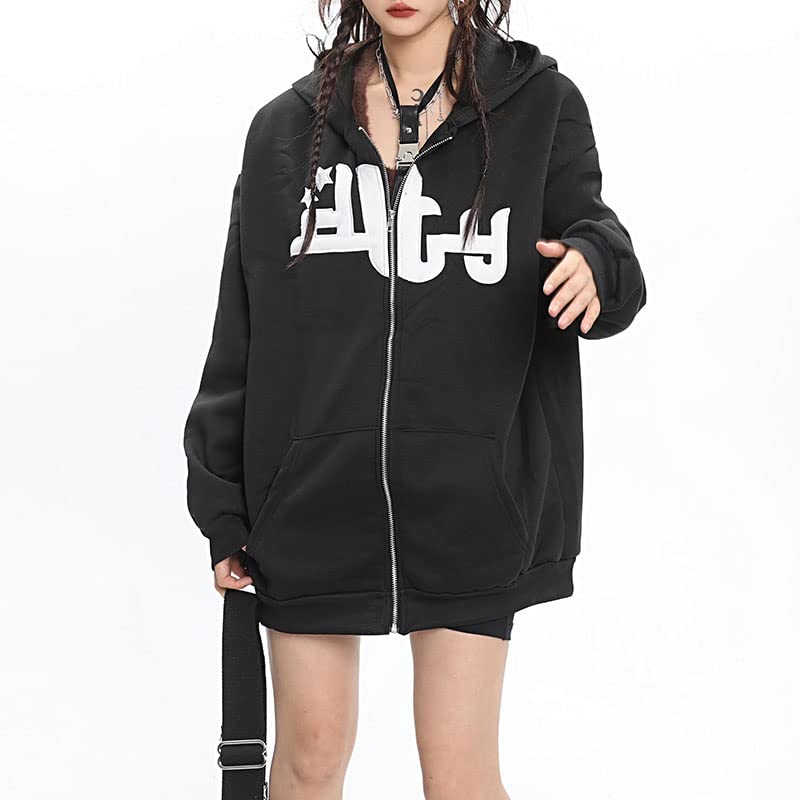 GAI Y2K Full Zip Up Hoodie Women Men Skeleton Skull Gothic Grunge Oversized Aesthetic Sweatshirts Emo Alt Jacket Clothes (M,2-Black)