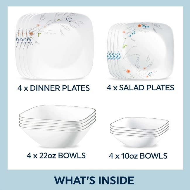 Corelle Adlyn 16pc, Service for 4, Dinnerware Set, 8 plates bowls, Chip & Break Resistant, Dinner Plates and Bowls, Corelleware White, Blue, Orange, Green