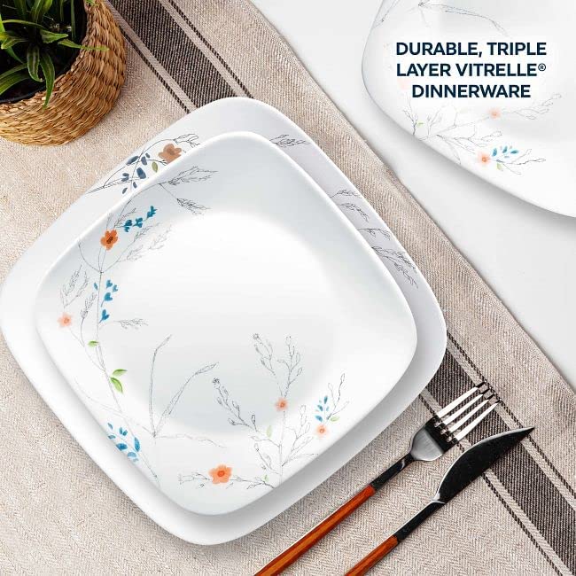 Corelle Adlyn 16pc, Service for 4, Dinnerware Set, 8 plates bowls, Chip & Break Resistant, Dinner Plates and Bowls, Corelleware White, Blue, Orange, Green