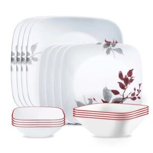 corelle kyoto leaves 16pc, service for 4, dinnerware set, 8 plates bowls, chip & break resistant, dinner and corelleware white