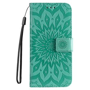 yadason compatible with oppo reno 6 pro plus 5g wallet case, embossed sunflower pattern magnetic premium pu leather [kickstand] [card slots] [wrist strap] phone cover (green)
