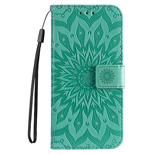 YADASON Compatible with Oppo Reno 6 Pro Plus 5G Wallet Case, Embossed Sunflower Pattern Magnetic Premium PU Leather [Kickstand] [Card Slots] [Wrist Strap] Phone Cover (Green)