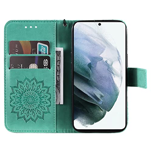 YADASON Compatible with Oppo Reno 6 Pro Plus 5G Wallet Case, Embossed Sunflower Pattern Magnetic Premium PU Leather [Kickstand] [Card Slots] [Wrist Strap] Phone Cover (Green)