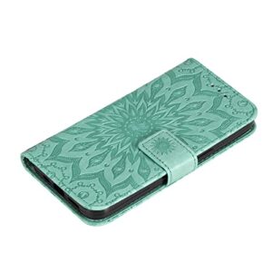 YADASON Compatible with Oppo Reno 6 Pro Plus 5G Wallet Case, Embossed Sunflower Pattern Magnetic Premium PU Leather [Kickstand] [Card Slots] [Wrist Strap] Phone Cover (Green)