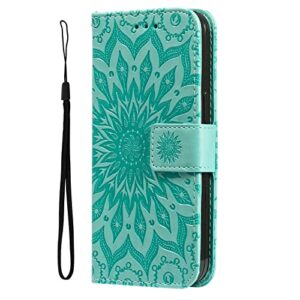 YADASON Compatible with Oppo Reno 6 Pro Plus 5G Wallet Case, Embossed Sunflower Pattern Magnetic Premium PU Leather [Kickstand] [Card Slots] [Wrist Strap] Phone Cover (Green)