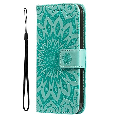 YADASON Compatible with Oppo Reno 6 Pro Plus 5G Wallet Case, Embossed Sunflower Pattern Magnetic Premium PU Leather [Kickstand] [Card Slots] [Wrist Strap] Phone Cover (Green)