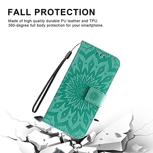 YADASON Compatible with Oppo Reno 6 Pro Plus 5G Wallet Case, Embossed Sunflower Pattern Magnetic Premium PU Leather [Kickstand] [Card Slots] [Wrist Strap] Phone Cover (Green)