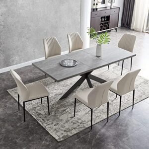 zckycine 6-8 people modern dining table rectangular kitchen space-saving expandable metal frame (gray + 6 beige chairs)