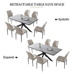 ZckyCine 6-8 People Modern Dining Table Rectangular Kitchen Space-Saving Expandable Metal Frame (Gray + 6 Beige Chairs)