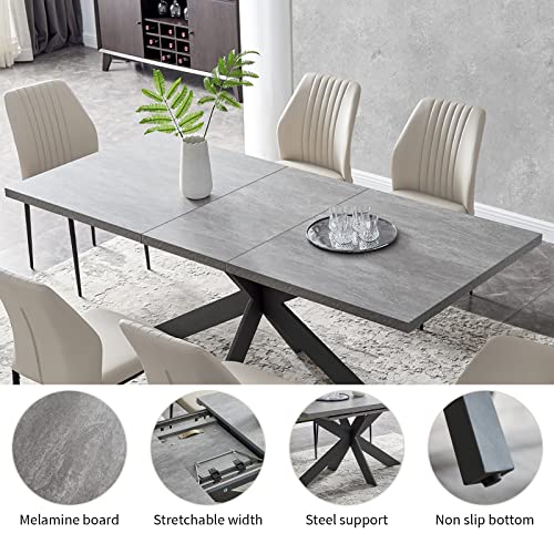 ZckyCine 6-8 People Modern Dining Table Rectangular Kitchen Space-Saving Expandable Metal Frame (Gray + 6 Beige Chairs)