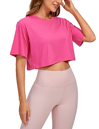 CRZ YOGA Women's Pima Cotton Workout Crop Tops Short Sleeve Yoga Shirts Casual Athletic Running T-Shirts Sonic Pink Medium