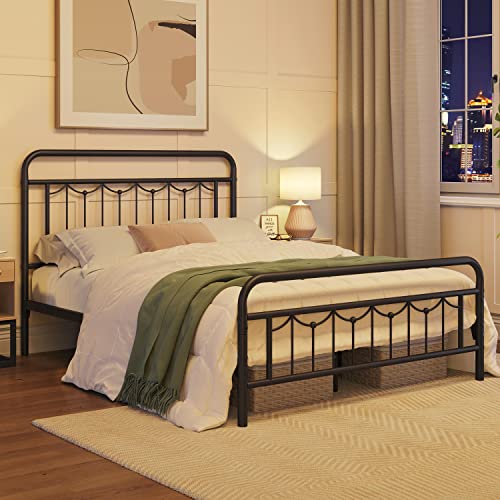 Yaheetech Full Size Metal Bed Frame with Vintage Headboard and Footboard, Farmhouse Metal Platform Bed, Heavy Duty Steel Slat Support, Ample Under-Bed Storage, No Noise, No Box Spring Needed, Black