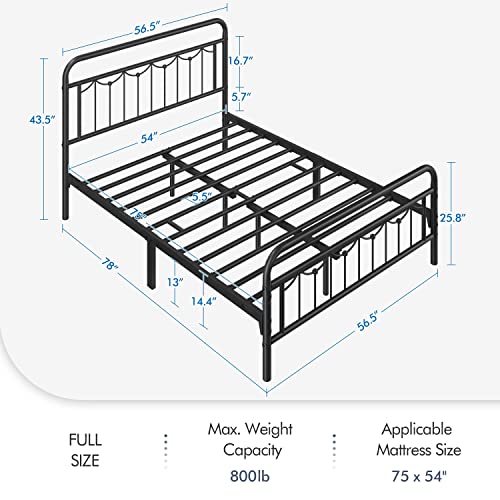 Yaheetech Full Size Metal Bed Frame with Vintage Headboard and Footboard, Farmhouse Metal Platform Bed, Heavy Duty Steel Slat Support, Ample Under-Bed Storage, No Noise, No Box Spring Needed, Black