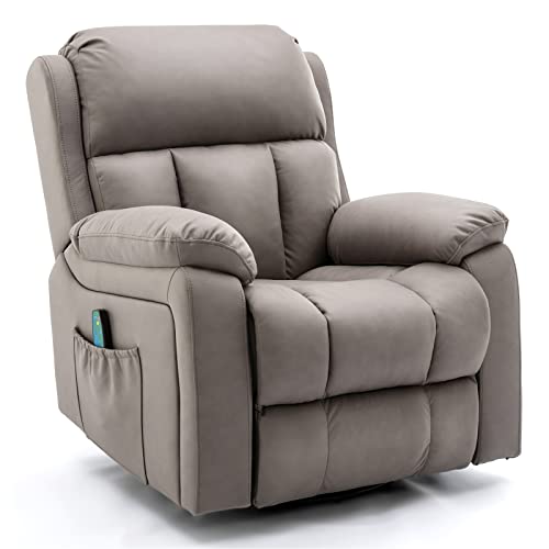 HOMREST Microfiber Technology Cloth Massage Recliner Chair with Heated, 360 Degree Swivel Rocker Recliner Chair, Leather Reclining Sofa with Side Pocket for Living Room, (Coffee)