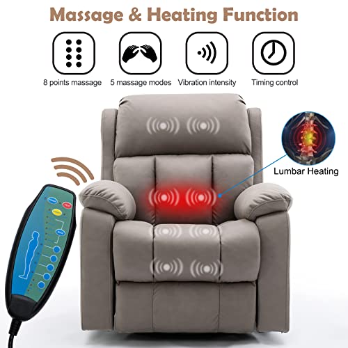 HOMREST Microfiber Technology Cloth Massage Recliner Chair with Heated, 360 Degree Swivel Rocker Recliner Chair, Leather Reclining Sofa with Side Pocket for Living Room, (Coffee)