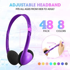 48 Pack Classroom Headphones Bulk Colorful Student Headphones Adjustable Headphone with 3.5 mm Plug Comfortable Library Headphone for Kid Adult School Classroom Museum Testing Airplane, 8 Colors