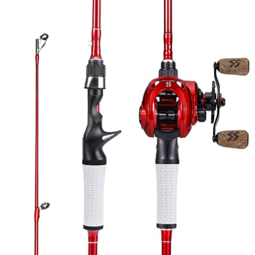 One Bass Spirit Flame Fishing Rod Reel Combo, Spinning & Baitcasting Fishing Pole with Graphite 2Pc Blanks, Stainless Steel Guides-6' Casting Red - Right Handed