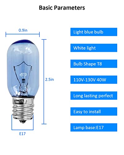 2Pcs Fridge Light Bulb Replacement T8 E17 40Watt Light Bulb Fit for Whirlpool KitchenAid Electrolx Kenmore Frigidaire Refrigerator 297048600 241552802 AP3770086 1056577 AH976993 EA976993 PS97699