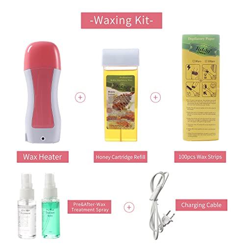 Roll on Wax Kit for Women Men, Wax Roller Kit for Hair Removal, Sensitive Skin, Roll on Wax Heater Kit with 2 Honey Wax Cartridge/100Pcs Wax Paper/Pre and After-Wax Oil