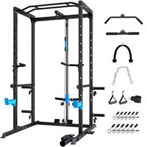 ultra fuego power cage, multi-functional power rack with j-hooks, dip handles, landmine attachment and optional cable pulley system for home gym (power cage with lat pulldown)