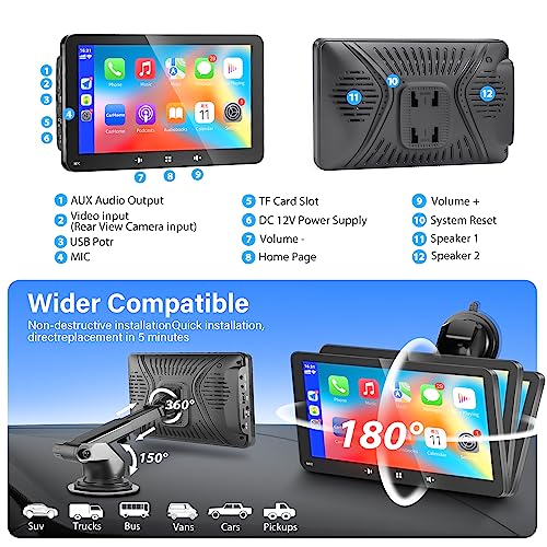 Portable Apple Carplay,Wireless Carplay and Android Auto，7'' Touch Screen Car Stereo,Car Radio with Backup Camera,Wireless AirPlay,Mirror Link,Bluetooth 5.0 Handsfree/FM/AUX/MIC/USB/TF