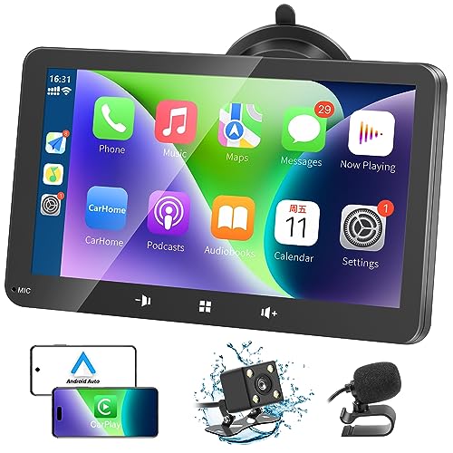 Portable Apple Carplay,Wireless Carplay and Android Auto，7'' Touch Screen Car Stereo,Car Radio with Backup Camera,Wireless AirPlay,Mirror Link,Bluetooth 5.0 Handsfree/FM/AUX/MIC/USB/TF