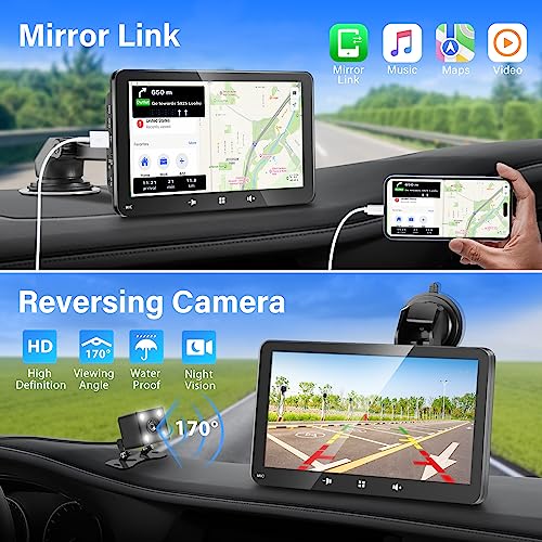 Portable Apple Carplay,Wireless Carplay and Android Auto，7'' Touch Screen Car Stereo,Car Radio with Backup Camera,Wireless AirPlay,Mirror Link,Bluetooth 5.0 Handsfree/FM/AUX/MIC/USB/TF