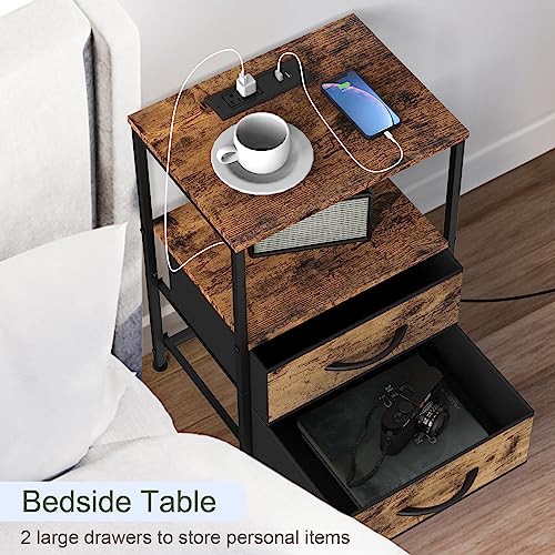 YBING Nightstand with Charging Station End Table with USB Ports and Outlets Bedside Table with Open Shelf Side Table with Fabric Drawers Industrial Night Stand for Bedroom Living Room (Brown)