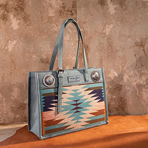 Wrangler Open Shoulder Bag without Zipper Laptop Tote Handbags with Top Handle for Women Turquoise Colour Aztec Printed Canvas Adjustable Strap Hobo Bag L14.5",WG52-8250TQ