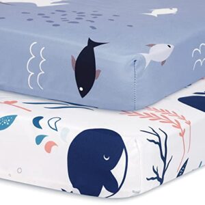 Gllquen Baby Crib Sheets for Boys Girls, Organic Fitted Crib Sheets Elastic Toddler Bed Crib Mattress Sheet Floral Pattern, Standard Safe Crib Sheets for Baby Unisex 52"x 28" x9"(Whale)