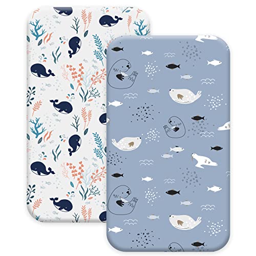 Gllquen Baby Crib Sheets for Boys Girls, Organic Fitted Crib Sheets Elastic Toddler Bed Crib Mattress Sheet Floral Pattern, Standard Safe Crib Sheets for Baby Unisex 52"x 28" x9"(Whale)