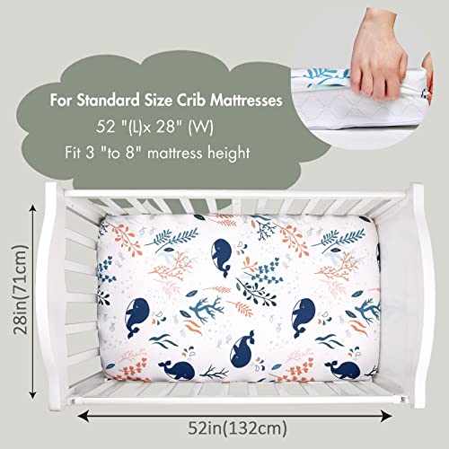 Gllquen Baby Crib Sheets for Boys Girls, Organic Fitted Crib Sheets Elastic Toddler Bed Crib Mattress Sheet Floral Pattern, Standard Safe Crib Sheets for Baby Unisex 52"x 28" x9"(Whale)