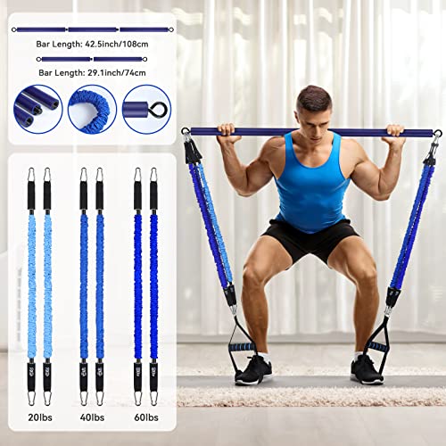 Hommie Portable Pilates Bar Kit with Resistance Bands for Men and Women，Upgraded 3 Section Pilates Bar with Resistance Bands (20/40/60lb) for Home Gym Equipment Supports Full-Body Workouts