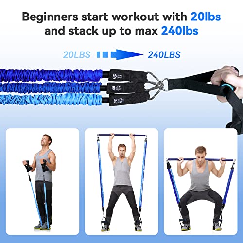 Hommie Portable Pilates Bar Kit with Resistance Bands for Men and Women，Upgraded 3 Section Pilates Bar with Resistance Bands (20/40/60lb) for Home Gym Equipment Supports Full-Body Workouts