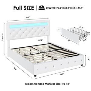 Keyluv Full Size Upholstered LED Bed Frame with 4 Storage Drawers and Adjustable Crystal Button Tufted Headboard, Platform Bed with Solid Wooden Slats Support, No Box Spring Needed, White