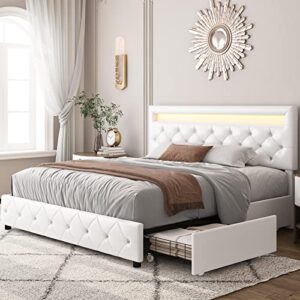 keyluv full size upholstered led bed frame with 4 storage drawers and adjustable crystal button tufted headboard, platform bed with solid wooden slats support, no box spring needed, white