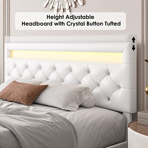 Keyluv Full Size Upholstered LED Bed Frame with 4 Storage Drawers and Adjustable Crystal Button Tufted Headboard, Platform Bed with Solid Wooden Slats Support, No Box Spring Needed, White