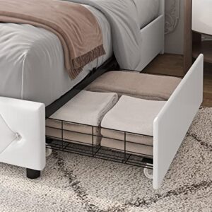 Keyluv Full Size Upholstered LED Bed Frame with 4 Storage Drawers and Adjustable Crystal Button Tufted Headboard, Platform Bed with Solid Wooden Slats Support, No Box Spring Needed, White