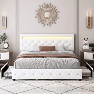 Keyluv Full Size Upholstered LED Bed Frame with 4 Storage Drawers and Adjustable Crystal Button Tufted Headboard, Platform Bed with Solid Wooden Slats Support, No Box Spring Needed, White