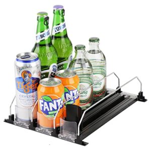 soda can drink organizer for fridge, automatic smooth and fast pusher glide, width adjustable, 12oz 16oz 20oz drink organizer for fridge-holds up to 15 cans (3 row,14.9 inch)