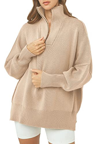 PRETTYGARDEN Women's 2023 Fall Pullover Oversized Sweaters Casual Long Sleeve Zip Up Collared Winter Tops Blouse (Apricot,Small)