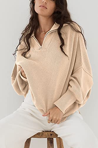 PRETTYGARDEN Women's 2023 Fall Pullover Oversized Sweaters Casual Long Sleeve Zip Up Collared Winter Tops Blouse (Apricot,Small)