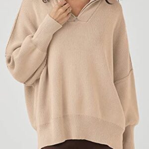 PRETTYGARDEN Women's 2023 Fall Pullover Oversized Sweaters Casual Long Sleeve Zip Up Collared Winter Tops Blouse (Apricot,Small)